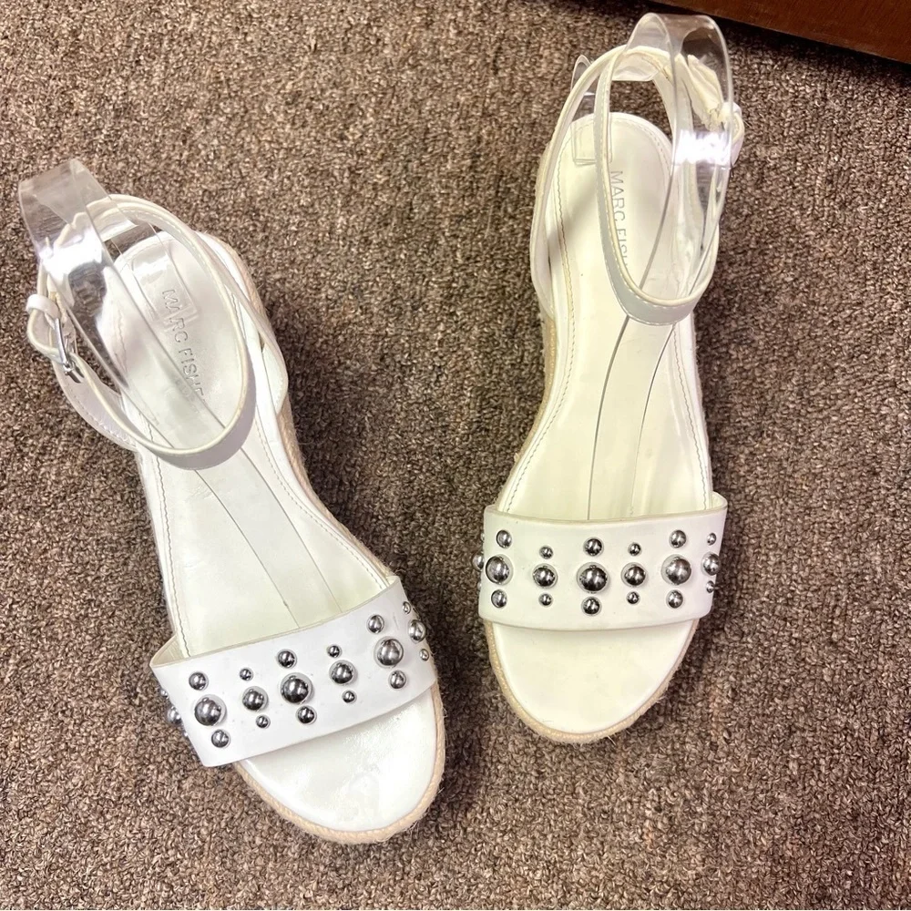 Marc Fisher Studded Espadrille Wedges Joyce White womens size 7 Boho platform.